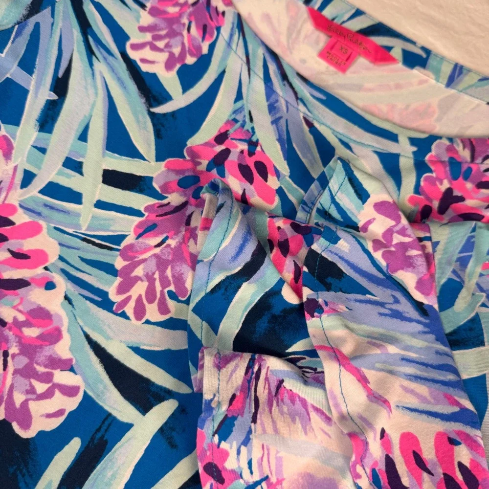 Lilly Pulitzer Dress Womens XS Blue Pink Floral Ruffle Sleeve Resort EUC
